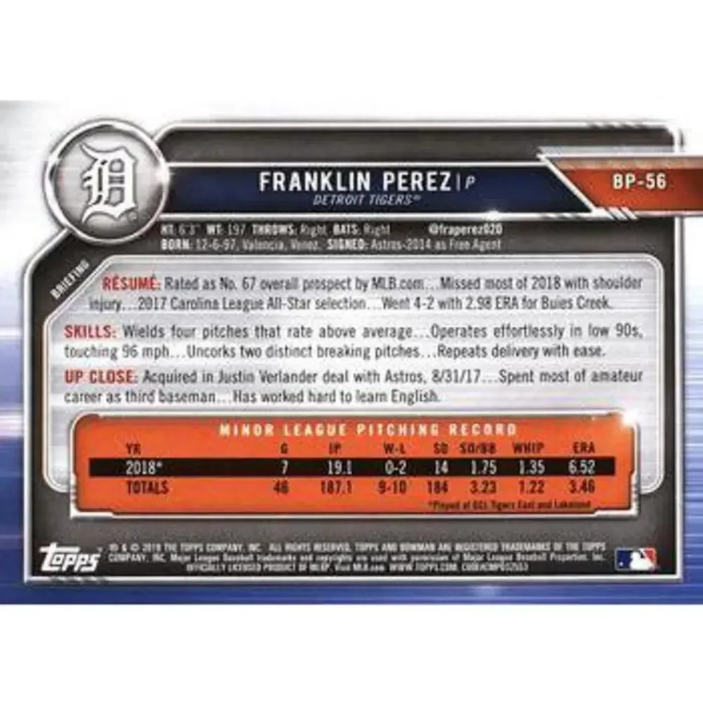 2019 Bowman Prospects Franklin Perez #BP-56 Detroit Tigers